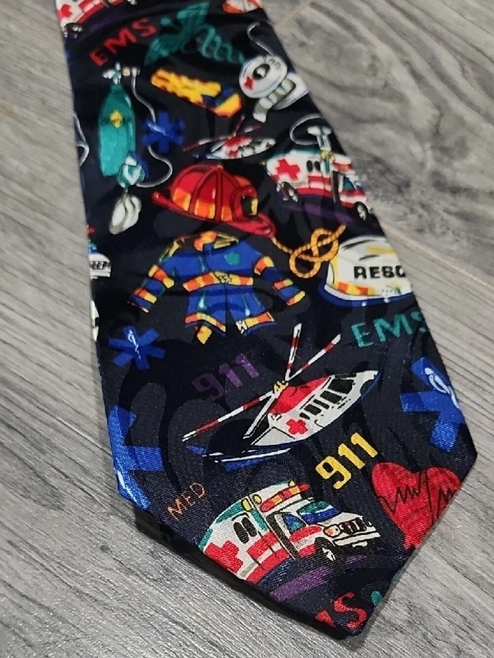 Emergency Services Pattern Tie in Black with Multicolor Motif